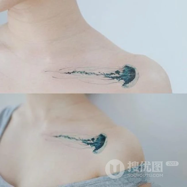 触须好多的水母纹身，纹在女生身体各部位的可爱水母纹身图案作品 第6张