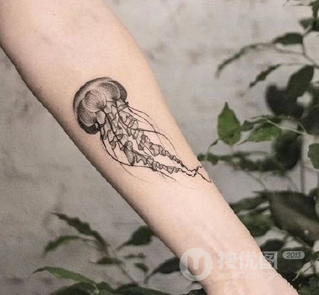 触须好多的水母纹身，纹在女生身体各部位的可爱水母纹身图案作品 第2张