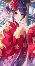 可爱的穿红色和服的动漫少女闺蜜一人一半手机壁纸