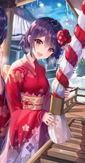 可爱的穿红色和服的动漫少女闺蜜一人一半手机壁纸