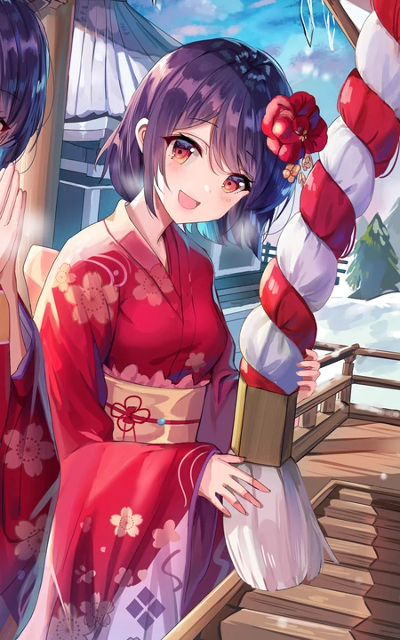 可爱的穿红色和服的动漫少女闺蜜一人一半手机壁纸