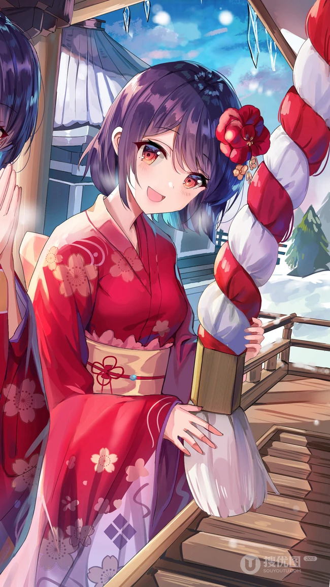 可爱的穿红色和服的动漫少女闺蜜一人一半手机壁纸