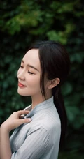 霍思燕竖纹衬衣搭蓝裙绿色植被前唯美动人写真图片
