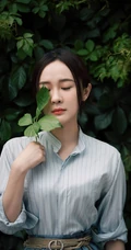 霍思燕竖纹衬衣搭蓝裙绿色植被前唯美动人写真图片