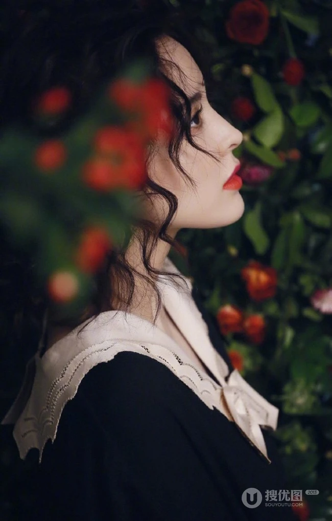 古力娜扎唯美花间摄影写真，卷发发型加朦胧感画面，如油画中人