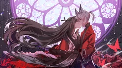 穿红色衣服的动漫少女，礼堂窗前亲吻的动漫情侣高清桌面壁纸