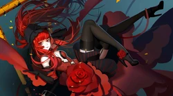 穿红色衣服的动漫少女，礼堂窗前亲吻的动漫情侣高清桌面壁纸