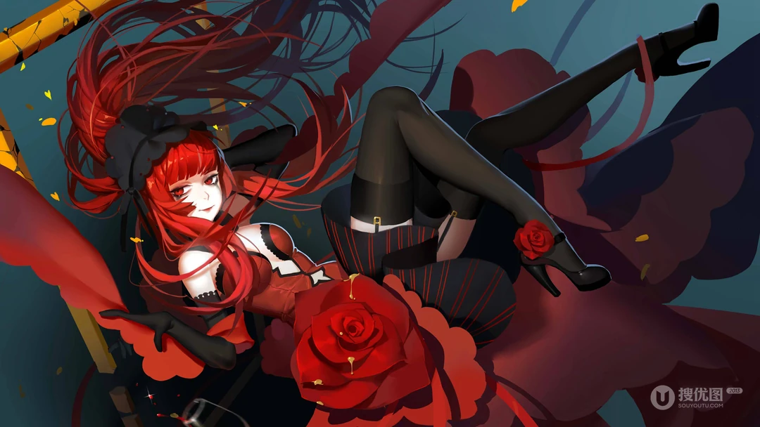 穿红色衣服的动漫少女，礼堂窗前亲吻的动漫情侣高清桌面壁纸