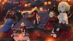 穿红色衣服的动漫少女，礼堂窗前亲吻的动漫情侣高清桌面壁纸