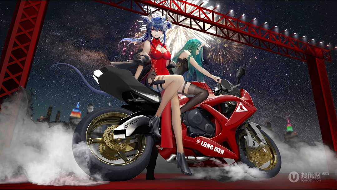 骑机车穿红色性感旗袍的动漫少女等2D动漫少女人物插画桌面壁纸