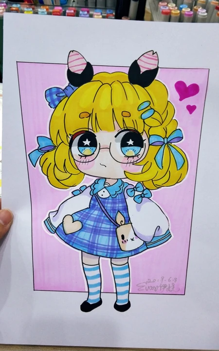 马克笔手绘的可爱卡通Q版动漫少女女孩画画图片