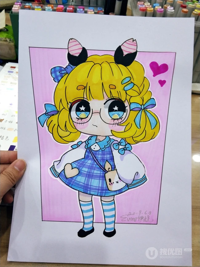 马克笔手绘的可爱卡通Q版动漫少女女孩画画图片