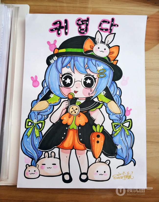 马克笔手绘的可爱卡通Q版动漫少女女孩画画图片