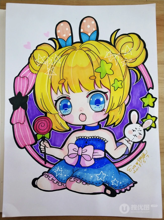 马克笔手绘的可爱卡通Q版动漫少女女孩画画图片