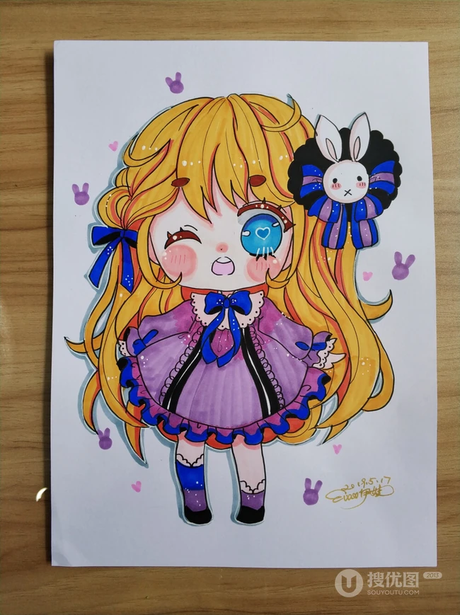 马克笔手绘的可爱卡通Q版动漫少女女孩画画图片