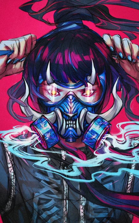 奇特线条朋克画风的戴面具的动漫女生插画手机壁纸