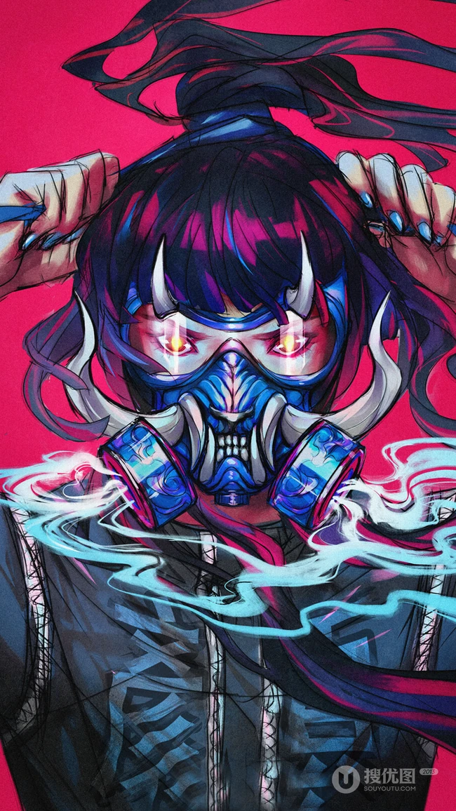 奇特线条朋克画风的戴面具的动漫女生插画手机壁纸