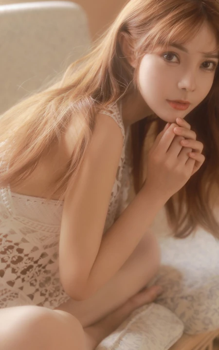 长发柔情浅粉女生沙发上秀白皙线条感纤细线条气质写真图片