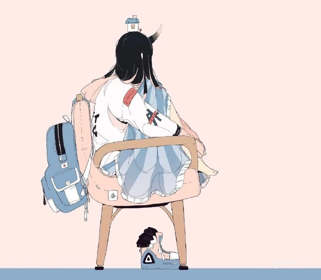 不露脸酷酷学生妹女孩背影插画人物作品，日本画师个性画集欣赏