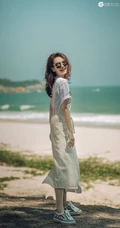 戚薇时尚卷发发型超有气质现身海边沙滩清凉写真图片