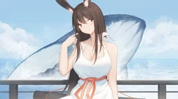 越过海面的鲸鱼，坐在海边的动漫兔女郎插画电脑壁纸