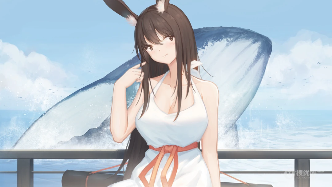 越过海面的鲸鱼，坐在海边的动漫兔女郎插画电脑壁纸