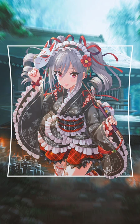 穿和服手机狐狸面具的动漫双马尾人物手机壁纸