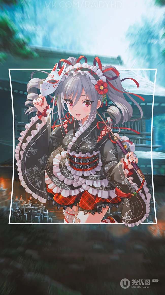 穿和服手机狐狸面具的动漫双马尾人物手机壁纸