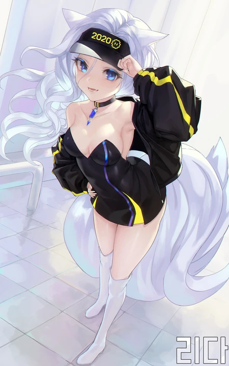 穿时尚运动外套的动漫女狐妖插画手机壁纸