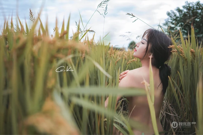 成熟稻田里的造型身小碎花裙女生佳人唯美艺术摄影图片