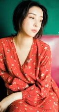 赵小棠V领碎花红裙唯美80年代色彩摄影图片