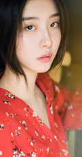 赵小棠V领碎花红裙唯美80年代色彩摄影图片