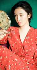 赵小棠V领碎花红裙唯美80年代色彩摄影图片