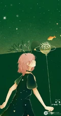 适合夏天的纯绿色背景中梦幻人物，动物可爱插画图片