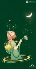 适合夏天的纯绿色背景中梦幻人物，动物可爱插画图片