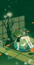 适合夏天的纯绿色背景中梦幻人物，动物可爱插画图片