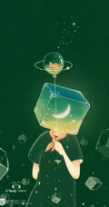 适合夏天的纯绿色背景中梦幻人物，动物可爱插画图片