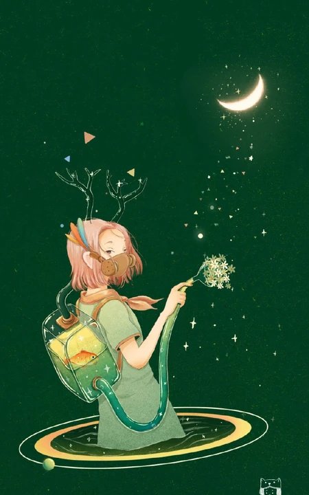 适合夏天的纯绿色背景中梦幻人物，动物可爱插画图片
