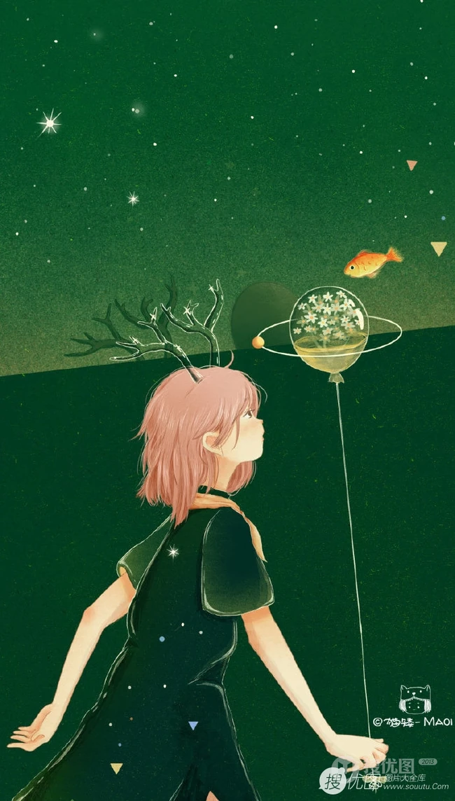 适合夏天的纯绿色背景中梦幻人物，动物可爱插画图片