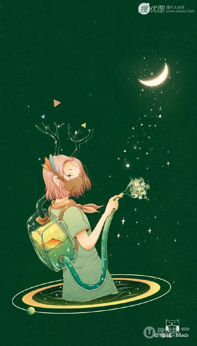 适合夏天的纯绿色背景中梦幻人物，动物可爱插画图片