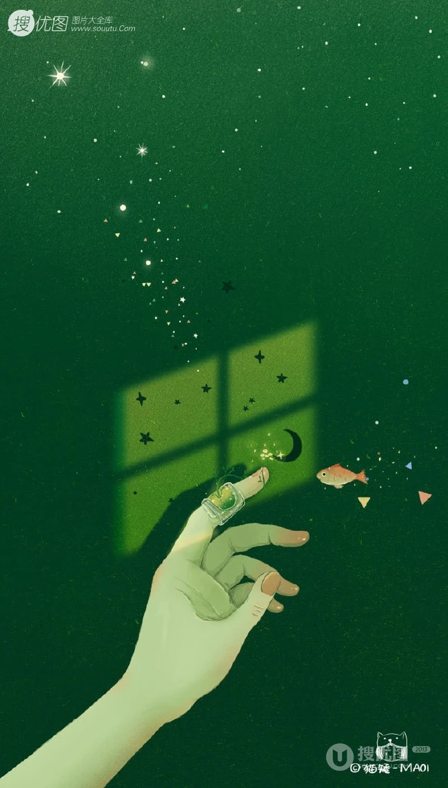 适合夏天的纯绿色背景中梦幻人物，动物可爱插画图片