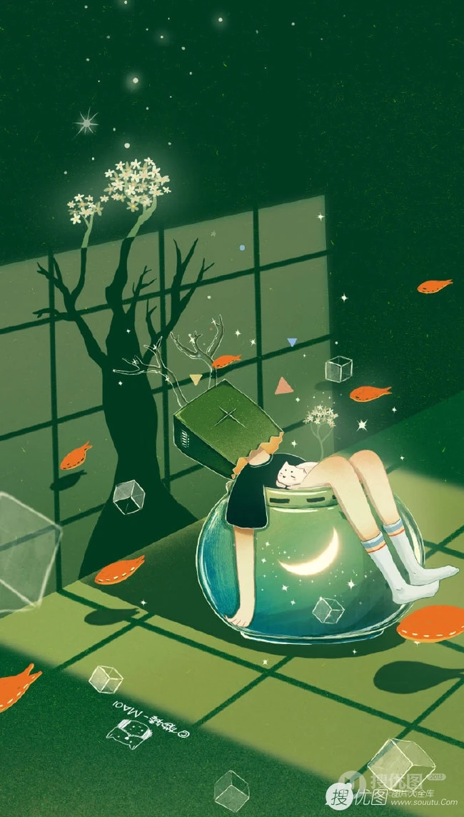 适合夏天的纯绿色背景中梦幻人物，动物可爱插画图片