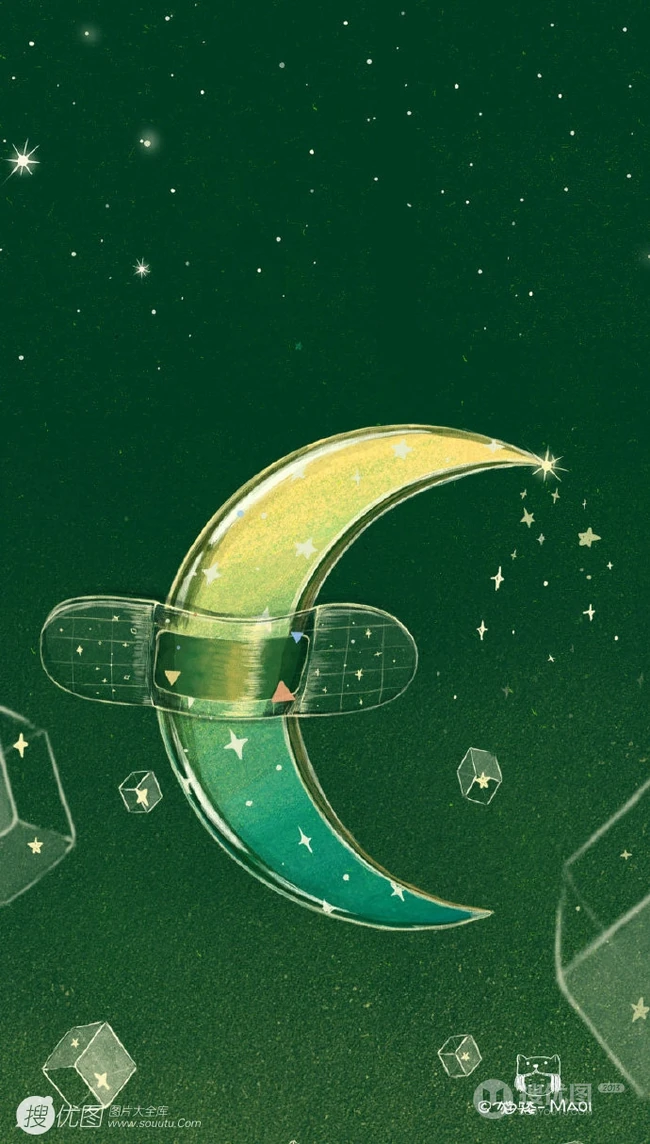 适合夏天的纯绿色背景中梦幻人物，动物可爱插画图片