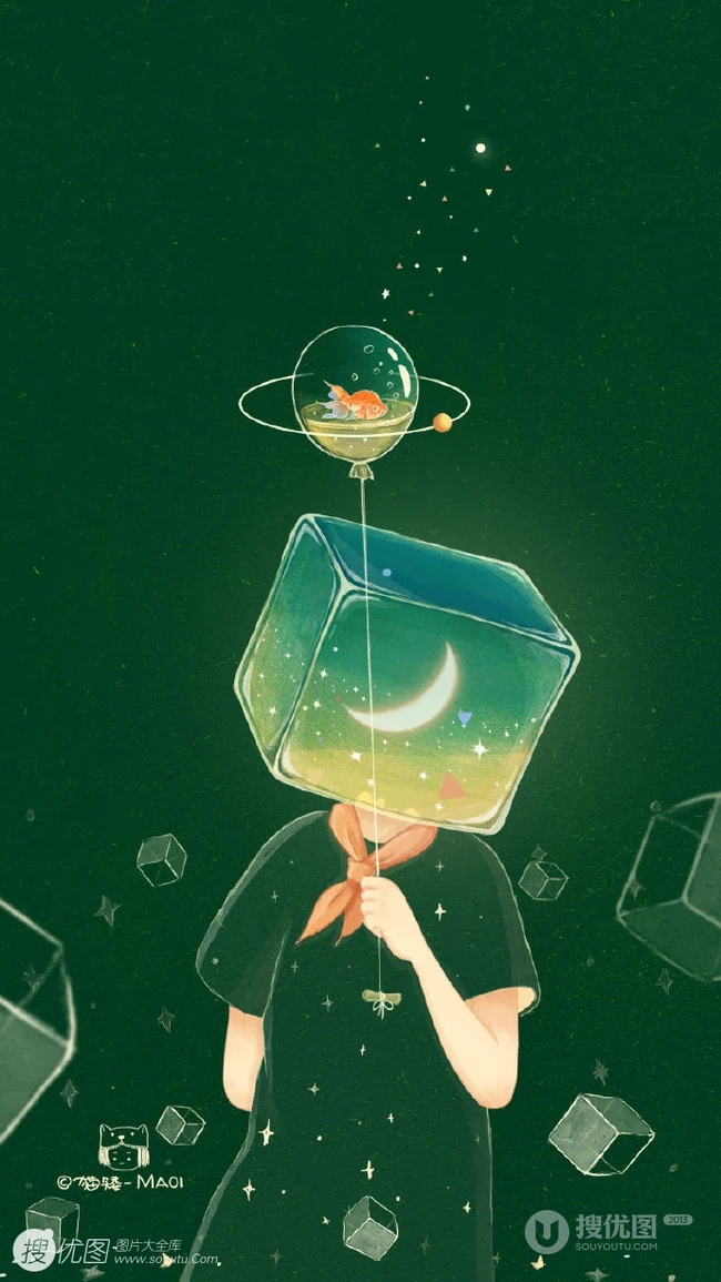 适合夏天的纯绿色背景中梦幻人物，动物可爱插画图片