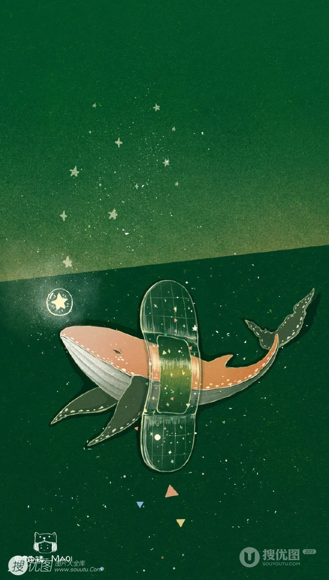 适合夏天的纯绿色背景中梦幻人物，动物可爱插画图片