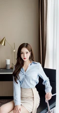 美人尖丽质女生Linda蓝衣短裙袜装线条感高跟工作区妩媚写真图片