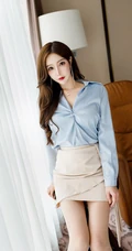 美人尖丽质女生Linda蓝衣短裙袜装线条感高跟工作区妩媚写真图片