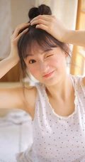 居家可爱丸子头发型可爱女生快乐享受午餐小清新室内写真图片
