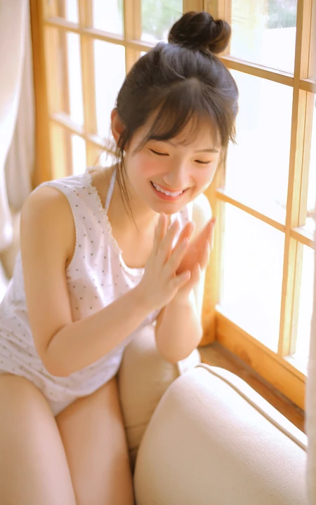 居家可爱丸子头发型可爱女生快乐享受午餐小清新室内写真图片