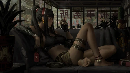 坐在沙发上抽烟的动漫女生创意插画桌面壁纸